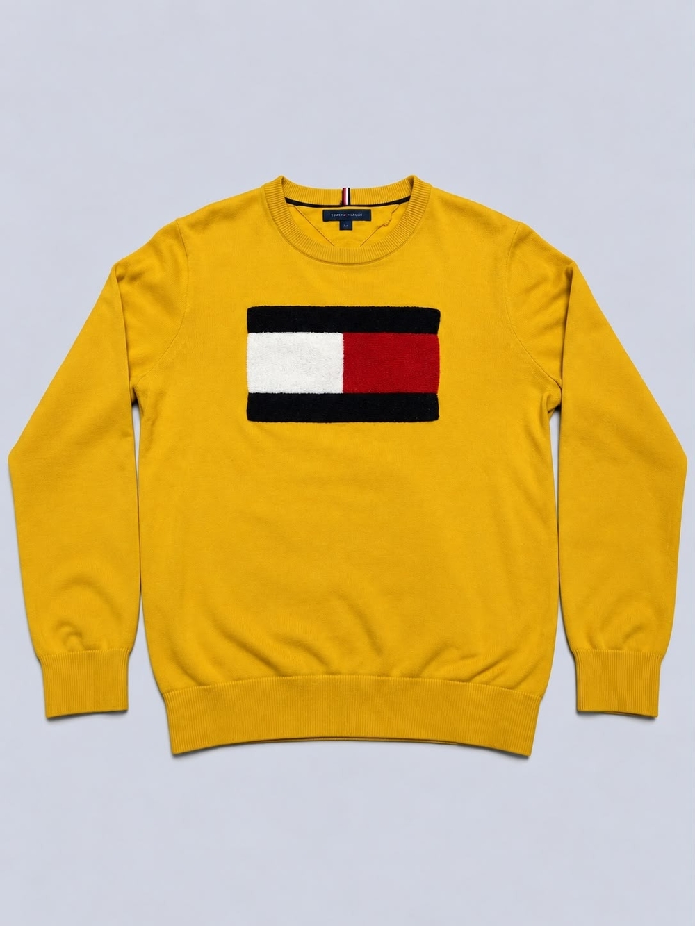 Tommy Hilfiger Men's Mustard Yellow Crewneck with Signature Flag Patch